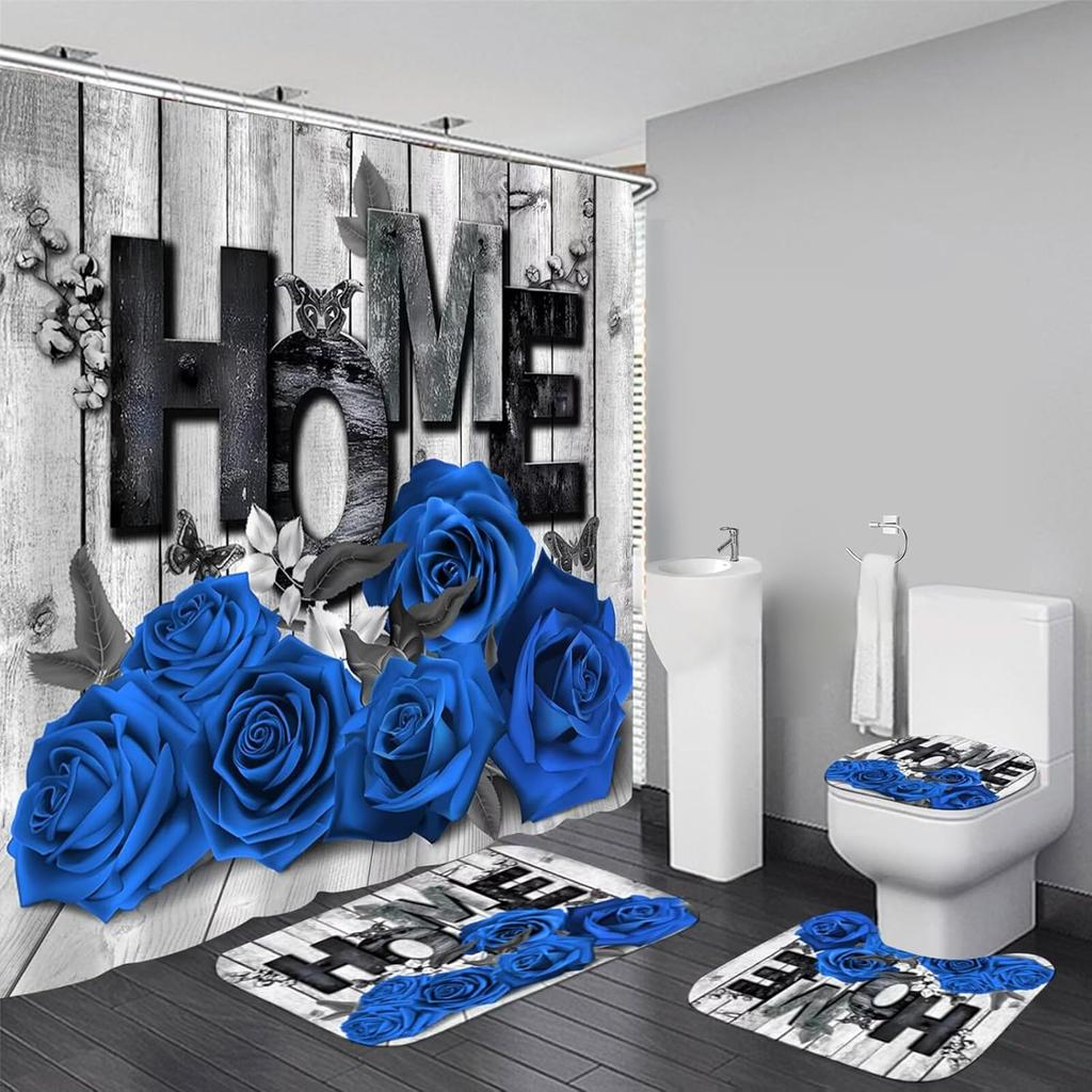 Elegant Blue Flower Shower Curtain Set Waterproof Bathtub Curtains Non-Slip Rugs Bath Mat Toilet Lid Cover Bathroom Set Decor