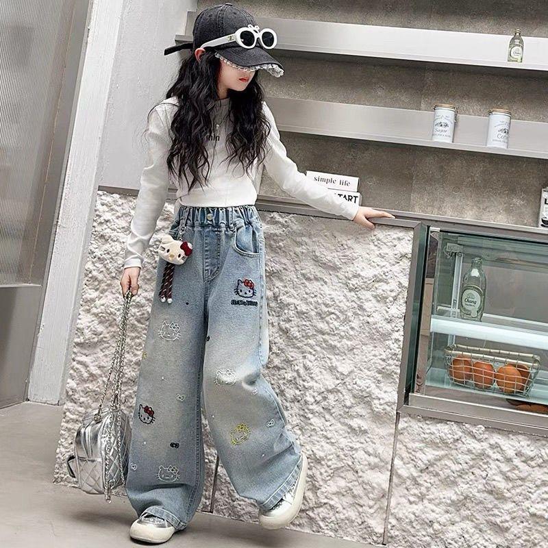 

4-14 Years Spring Autumn Teenage Girls Jeans Full Print Bow Embroidery Fashion Wide-leg Denim Pants for Kids 120cm