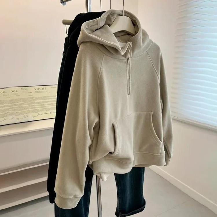

Winter Fleece Sweatshirt for Women Oversize Hooded Pullover Thickened Loose Casual Long Sleeve Solid Color Top S