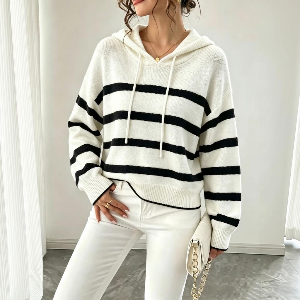 Women's Hooded Striped Pullover Knit Sweater for Fall Winter
