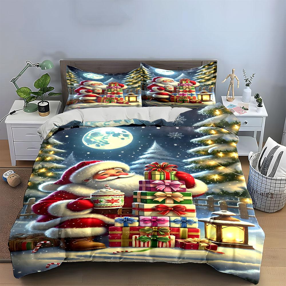 Santa with Gifts Christmas Set Bedding Duvet Cover Set Duvet Cover Pillowcases (1*Duvet Cover 2*Pillowcases, without duvet insert)