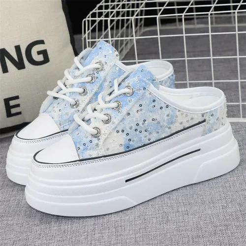 Mote Canvas Baotou Halvtøfler Dame Nye Sommer Yttertøy Alt-match Tykk Såle Innvendig Høydeøkning 8cm Uten Hæl Slip-on Sko