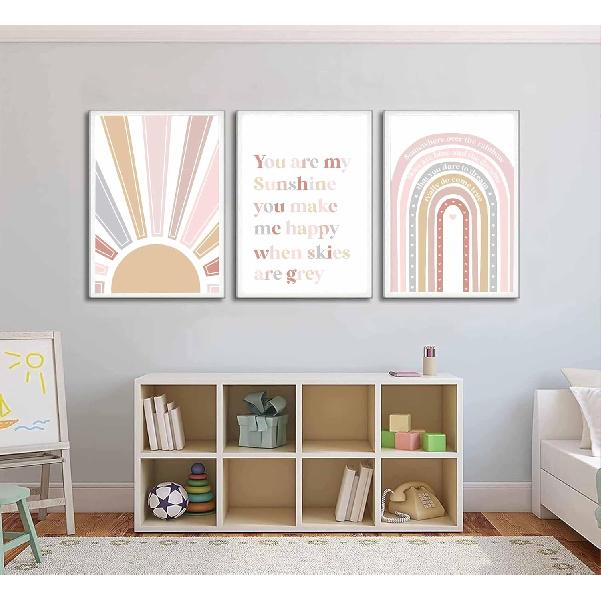 3 Pcs Boho Nursery Canvas Wall Art Pink Sweet Rainbow You Are My Sunshine Painting Pictures Wall Decor Poster Print Artwork For Kids Room Girls