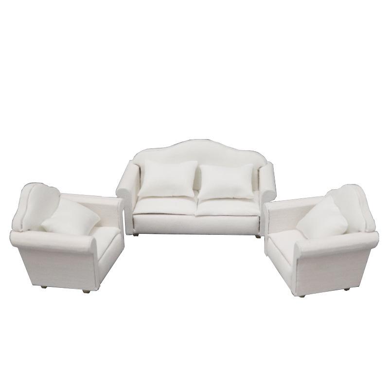 1:12 Dollhouse White Sofa Set - 3-Piece Mini Furniture with Cushions for ob11