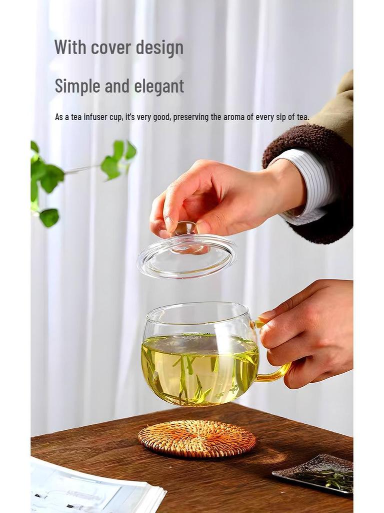 High Temp Resistant Borosilicate Glass Tea Cup with Lid & Handle for Men and Women - Stylish Design