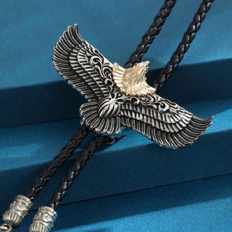 Bolo Tie Leather Rope Metal Flying Eagle Western Necklace with Feathered Pendant