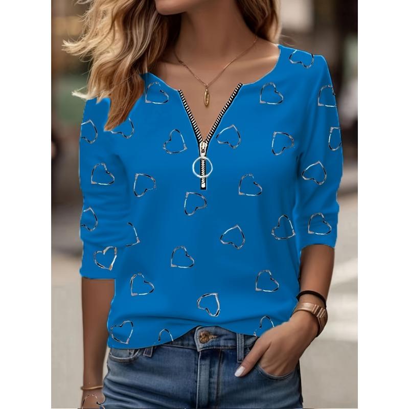 Women s New Casual Heart-shaped Printed Long Sleeved V-neck Zipper T-shirt S