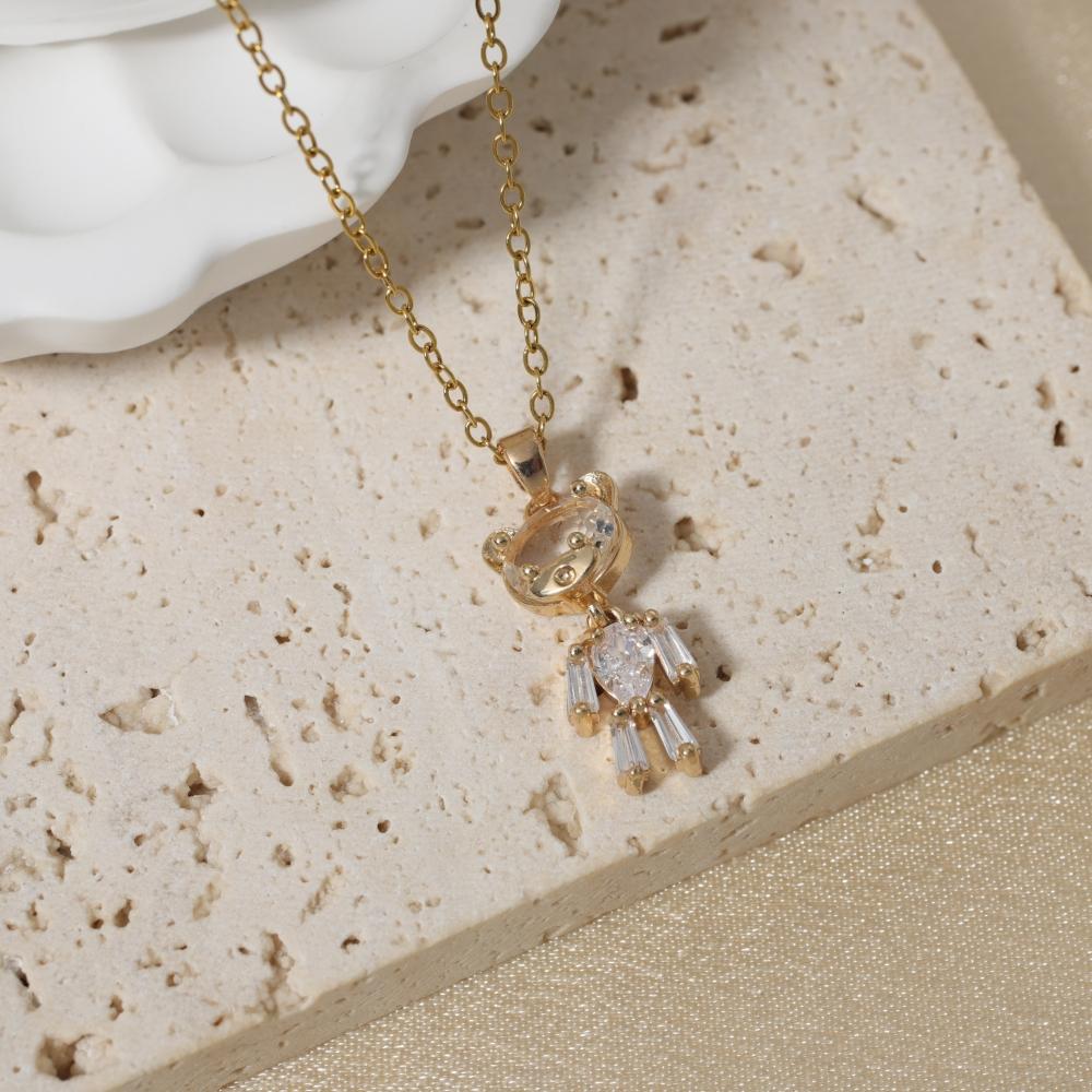 1 Piece Simple Artificial Crystal Bear Pendant Necklaces for Women Golden Stainless Steel Necklace Jewelry Daily Accessories