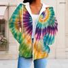 Women Plus Size Zip Up Hoodie Long Sleeve Drawstring Hood Pockets Green Beige Leaf Print Casual Top