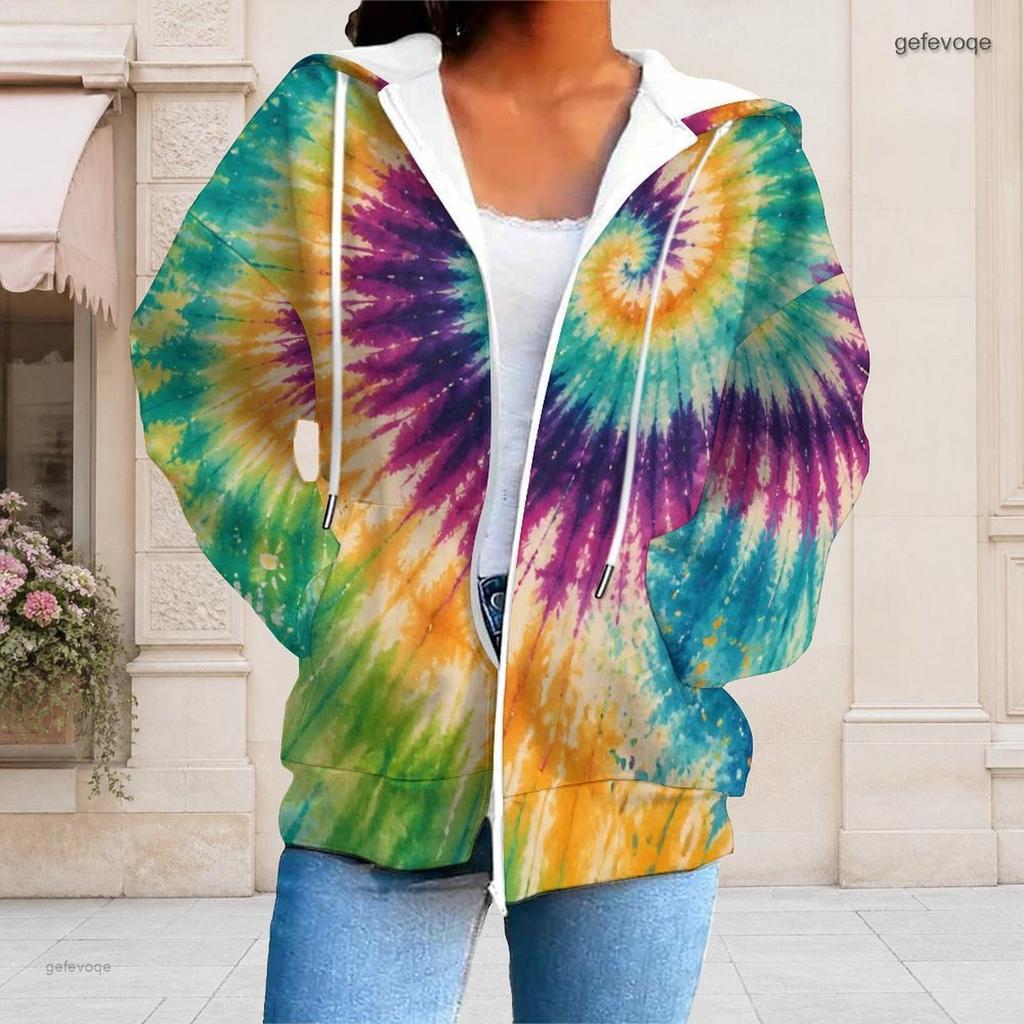 Women Plus Size Zip Up Hoodie Long Sleeve Drawstring Hood Pockets Green Beige Leaf Print Casual Top