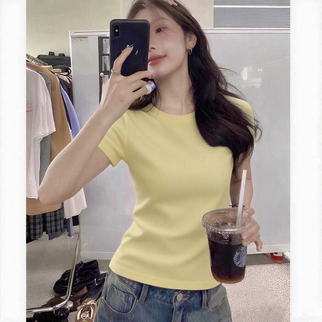 American Summer T-shirt Women's Shoulder Short Sleeves Summer Thin Round Neck Short Cotton Slim Fit Sweet and Spicy Tight Top