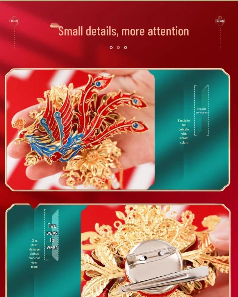 Premium Dragon and Phoenix Wedding Corsage Set for Bride and Groom - Elegant Boutonniere Pins