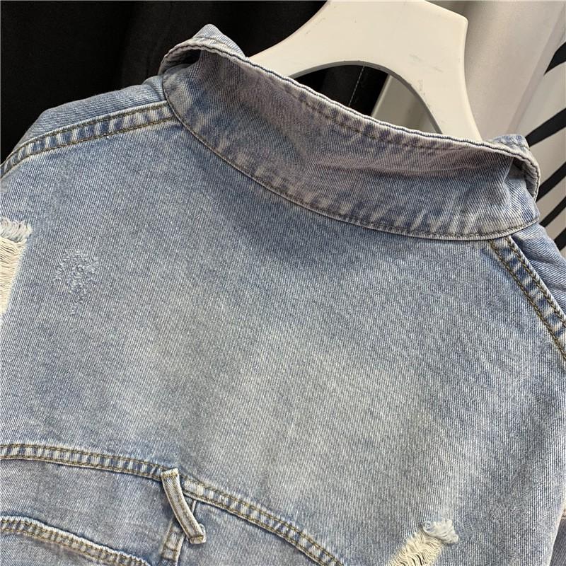 Womens Loose Fit Denim Jacket Vintage Style Pockets Frayed Edges Slimming Casual