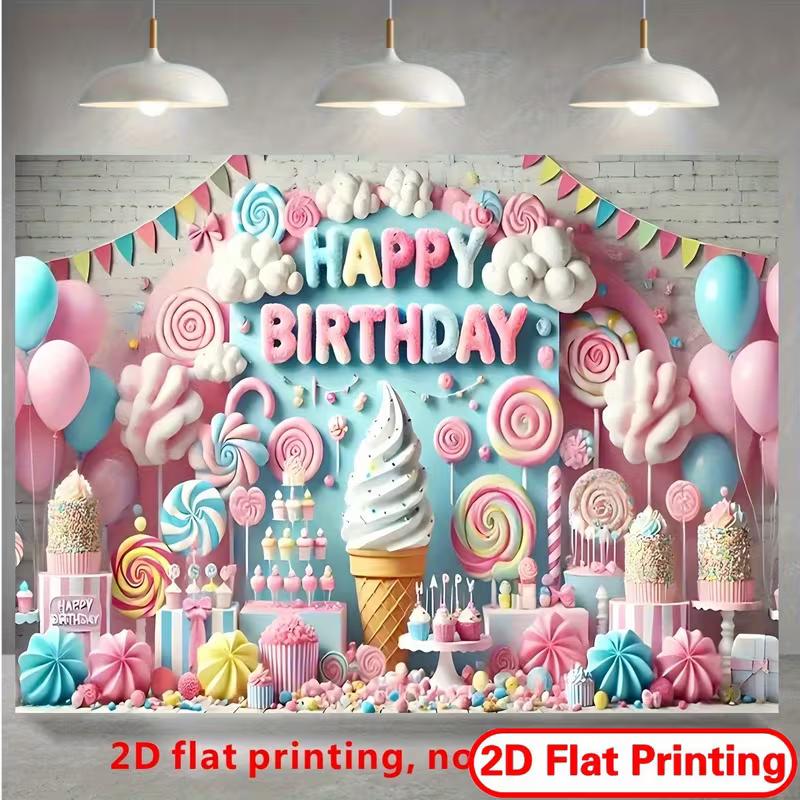 2D Sweet Candy Happy Birthday Backdrop Lollipop & Cupcake Photo Booth Background