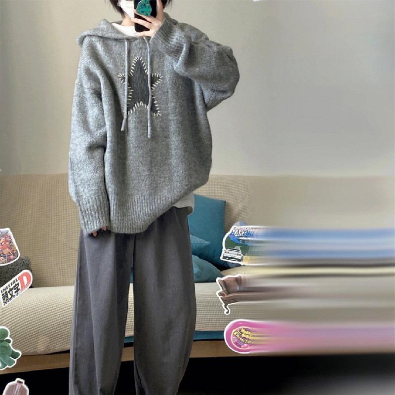 New pullover sweater women's autumn and winter lazy style design sense large size retro soft waxy hooded knitted sweater top
