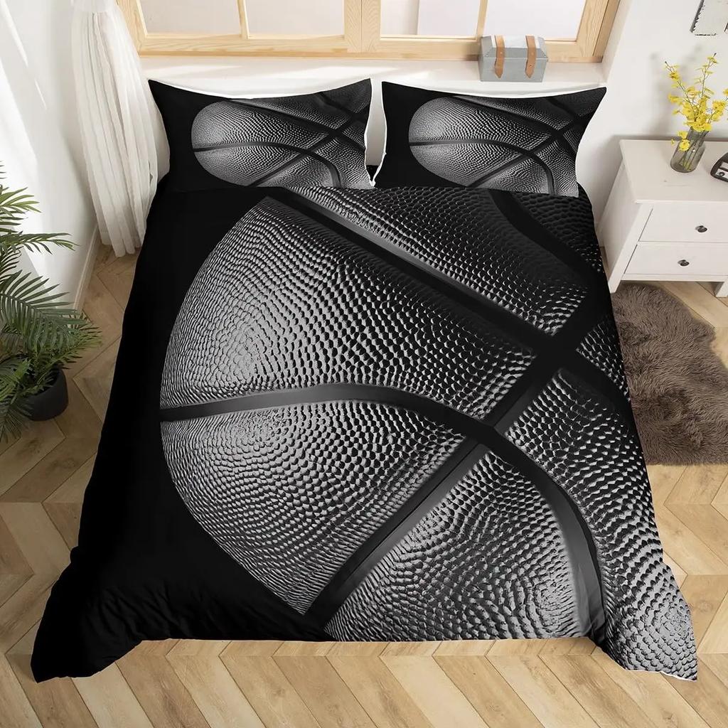 Basketball Court Print Bedding Set Queen Size,Ball Sports Games Themed Duvet Cover, Boys Game Room Decor Comforter Duvet Cover