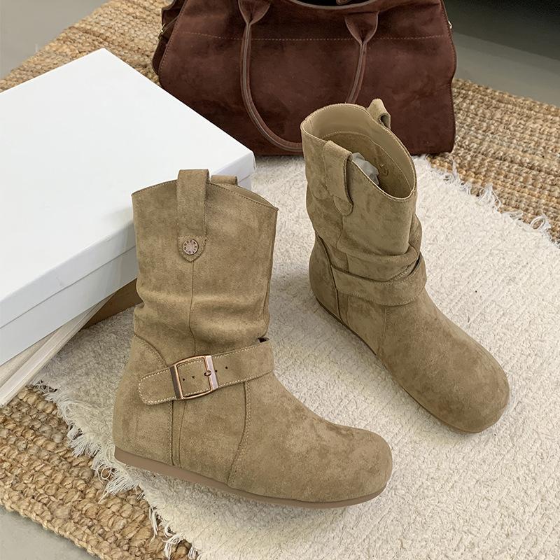 Round head Birkenstock short boots women's inner height increase western cowboy boots soft-soled knight boots