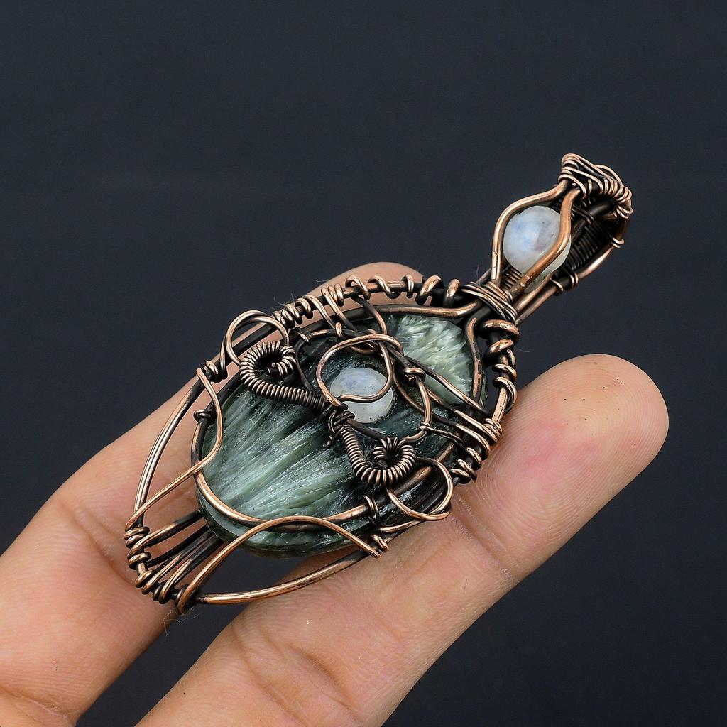 Seraphinite & Moonstone Pendant, 999 Copper Wire Wrapped Gemstone Jewelry, Handmade Evil Eye Pendant, For Thanksgiving