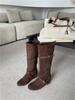 New Retro Matte, Height Increased by 6cm~ Korean Round Head Buckle with Soft Folds and Thin High Boots for Women's Autumn