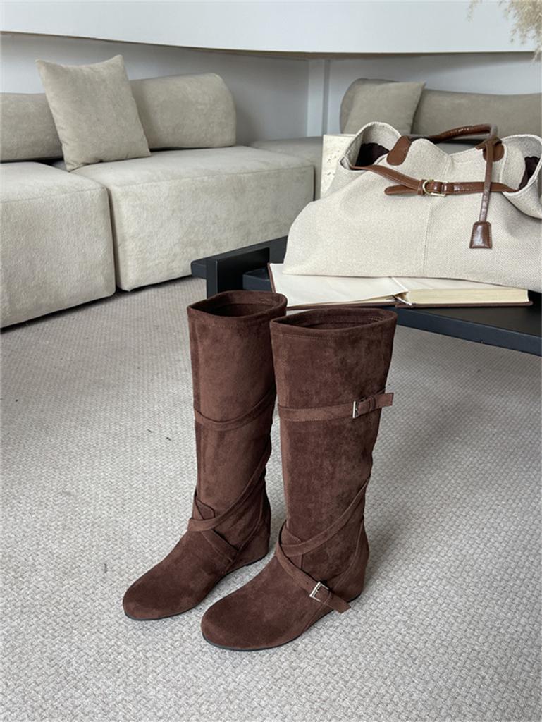 New Retro Matte, Height Increased by 6cm~ Korean Round Head Buckle with Soft Folds and Thin High Boots for Women's Autumn