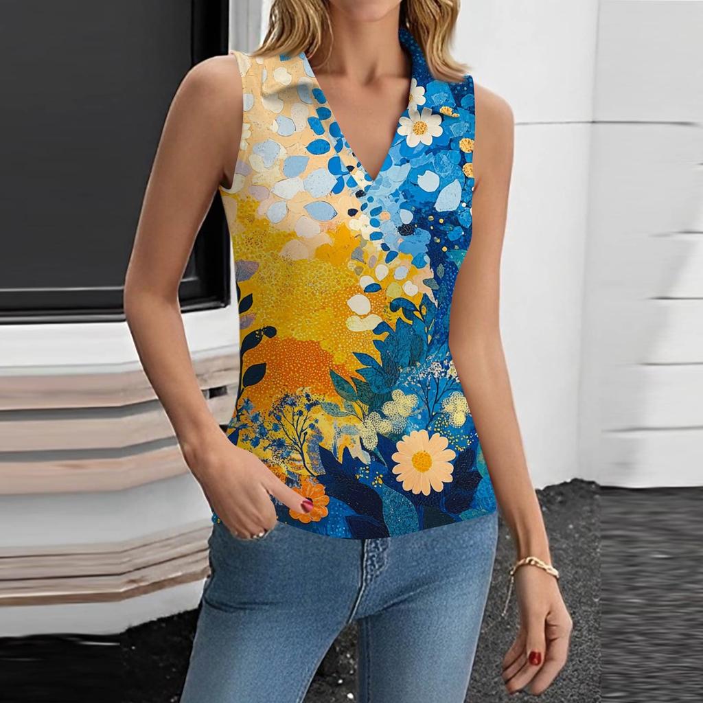 Damen Sommer Mode Lässig Retro Print V-Ausschnitt Ärmelloses Top Skinny Tanktop