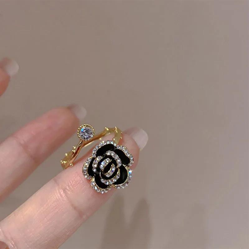 New French Black Shiny Zircon Rose Open Ring For Women Personalized Fashionable Daily Accessories Party  Birthday Gifts