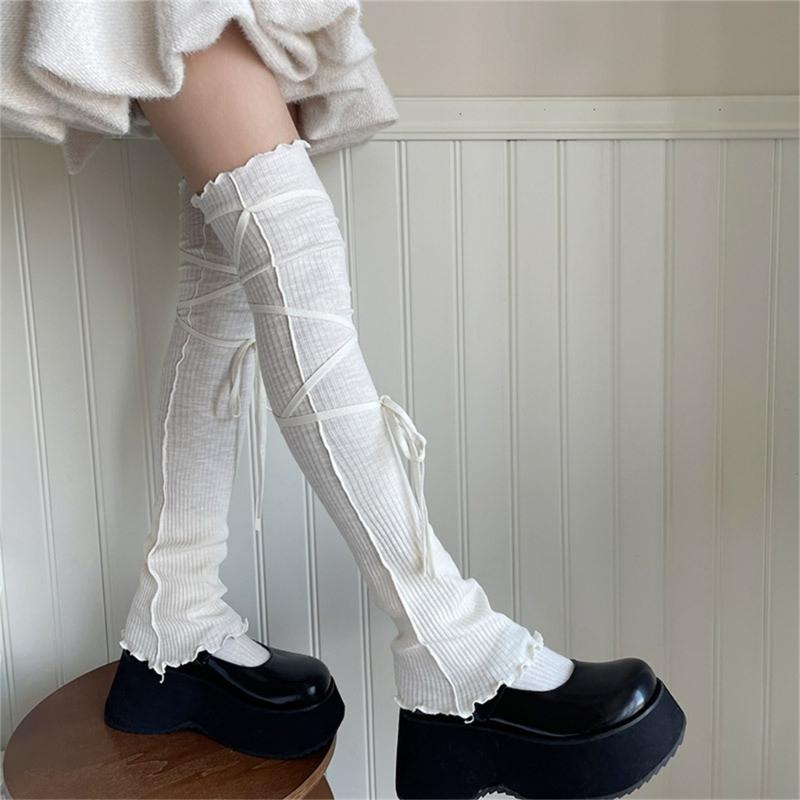 Japanese Ribbed Thigh High Leg Warmers Lace Up Bandages Over Knee Flared Leg Covers Ruffle Trim Footless Socks for Women