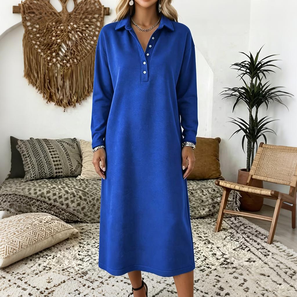 Women's Knit Sweatshirt Dress with Shirt Collar Long Sleeve Button Front Casual Midi Dress for Everyday Wear