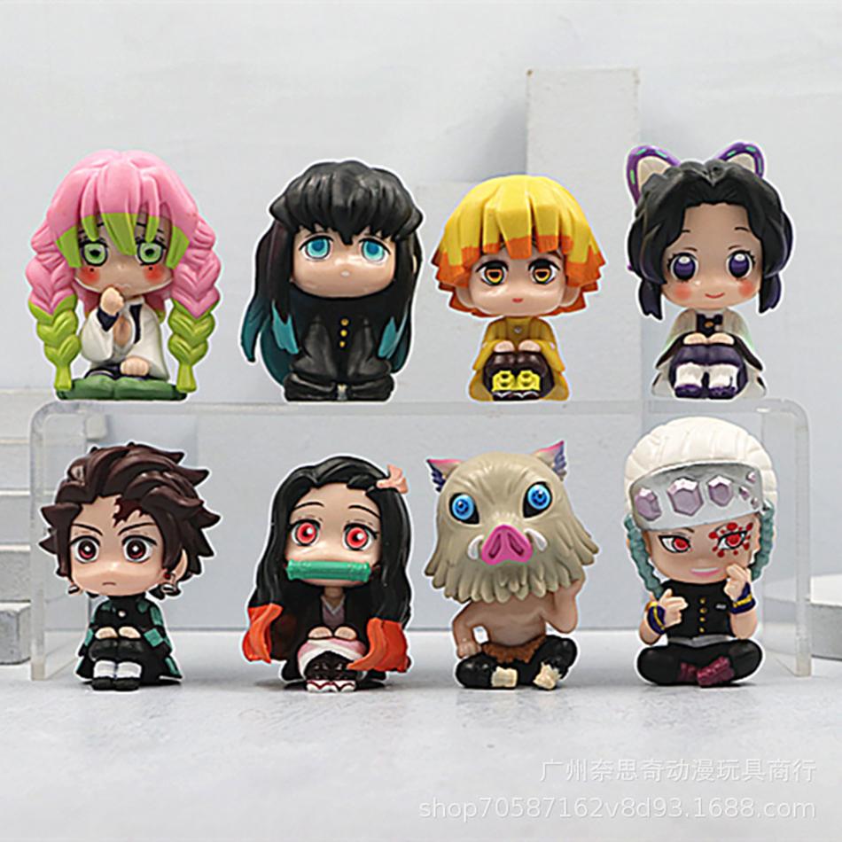 8Pcs/Set Q Version Demon Slayer Sitting Ghost Doll Tanjiro Nidouzi Inosuke Zenizu Toy Figural Pvc Statue Collectible Model Gift