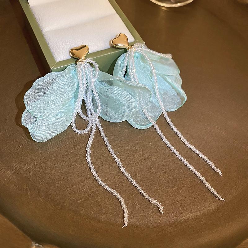 Silver Needle Fabric Flower Glass Fringed Earrings Medium Antique Temperament Stud Earrings Design Sense Niche Earrings