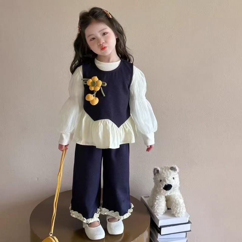 Girls 3-piece Outfit Set Korean Style Tweed Vest T-shirt Pants Kids Casual Fashion