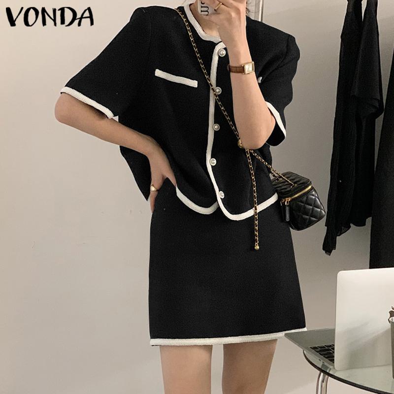 

VONDA лето-весна женские комплекты из двух предметов цвета сращивания рубашки с короткими рукавами топы и трапециевидные короткие юбки костюм плюс размер