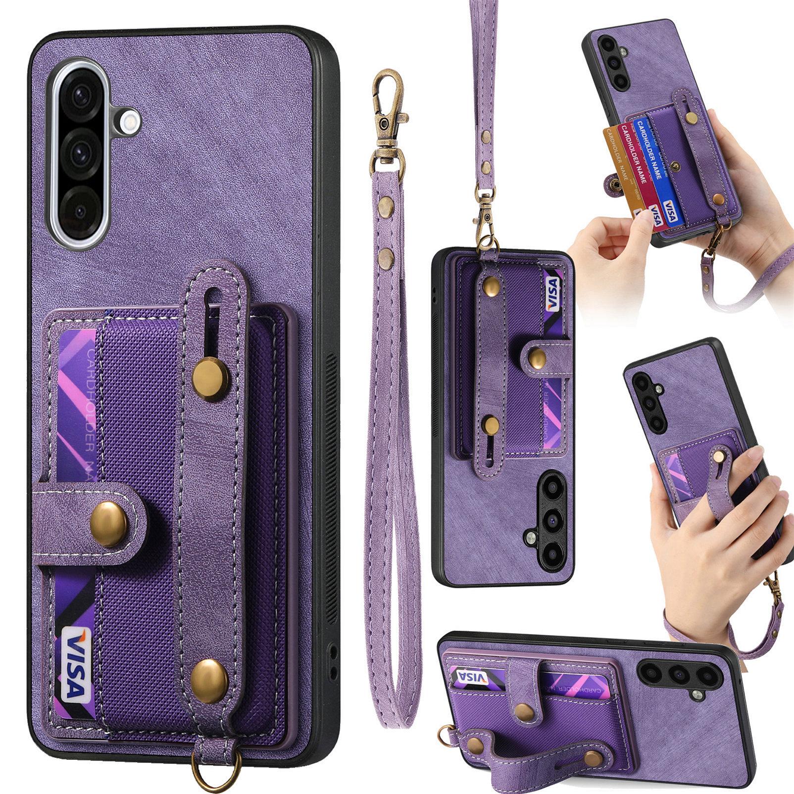 

For Samsung Galaxy A36 5G Retro PU Leather Back Cover with Card Holder and Wristband Kickstand Purple