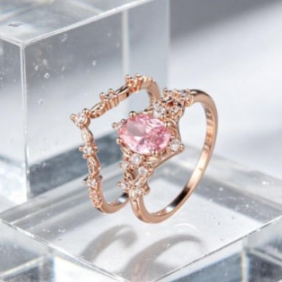 Vintage court-style oval pink diamond two-piece ring set Light luxury rose gold hollow crown ring set
