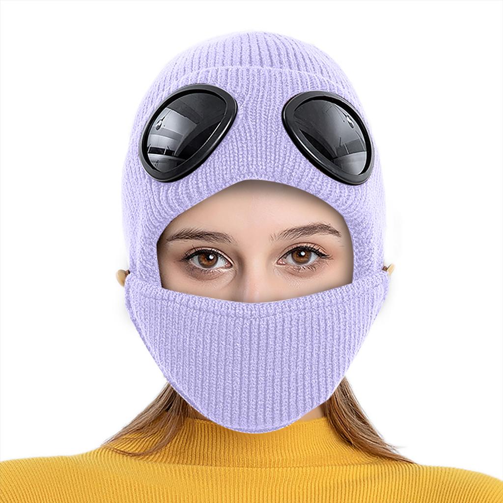 Damenbrille mit Brille, samtige Strickmütze aus warmer Wolle und Gesichtsschutz