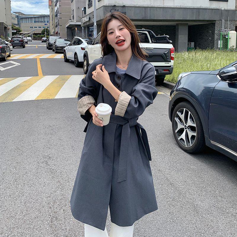Windbreaker Women's New Style Korean Atmosphere Gray Waist Mid-length Spring and Autumn Work Coat Top Outerwear