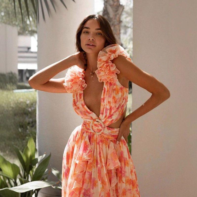 Floral Ruffled V Deep Fit Slim Hollow Dress Backless Slim dress
