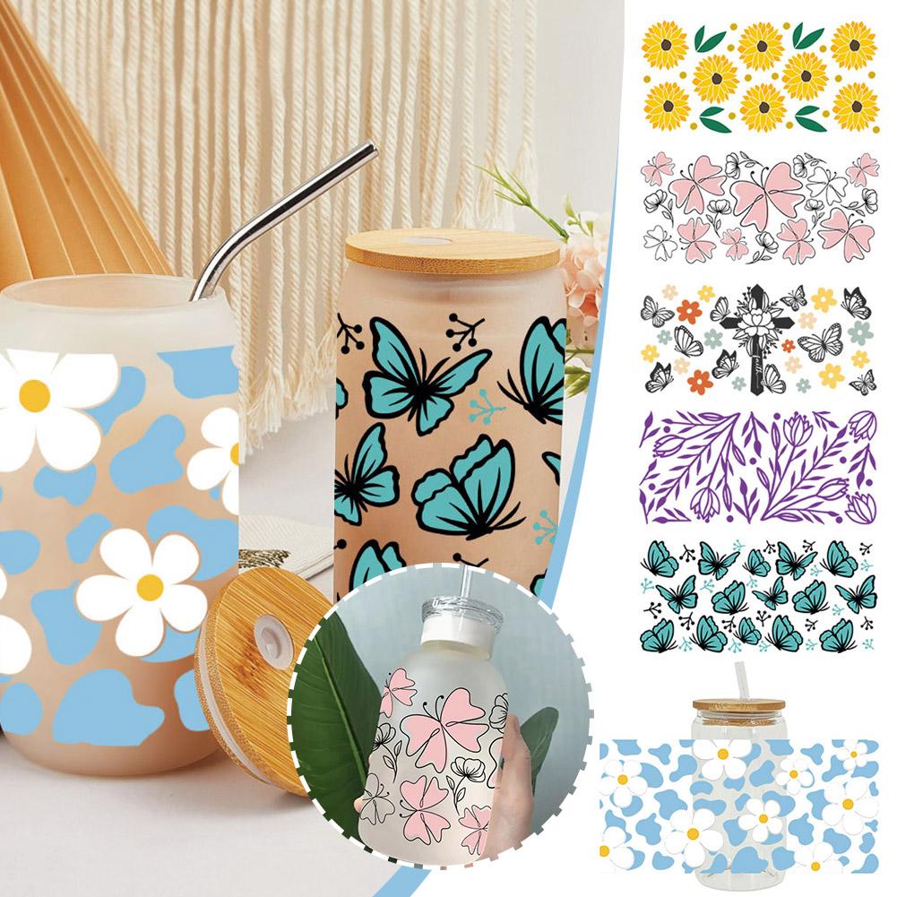 Květina 16OZ UV DTF Cup Wrap Transfers Samolepky Vlastní vodotěsná plechovka 1ks Glass DIY Lab O1D9