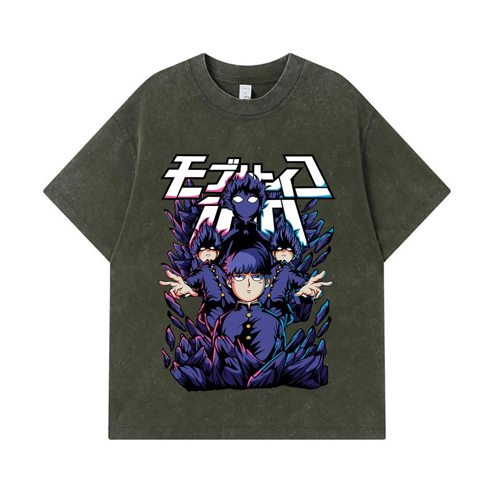 275 GSM Washed T-shirts 100% Cotton Mob Psycho 100 V1 Shiego Print Unisex Heavy Cotton T Shirt