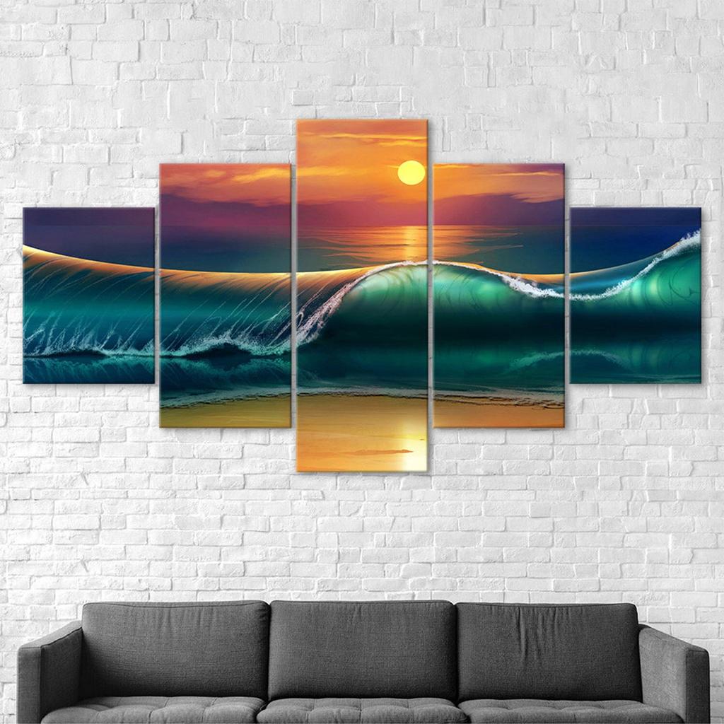 Sunset Beach Huge Waves Seascape Painting 5 Piece Five Panel Wall Canvas Print Modern Art Poster Home Decor Gift For Him For Her