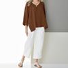 Solid Color Loose Cotton Linen Tops Women Casual V-neck 3/4 Sleeve Blouse