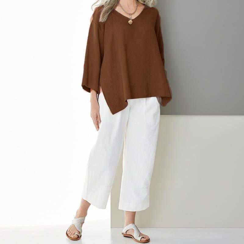 Solid Color Loose Cotton Linen Tops Women Casual V-neck 3/4 Sleeve Blouse
