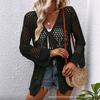 Women V Neck Long Sleeve Hollow Out Knit Cardigan Sun Protection Beach Cover Up Outerwear