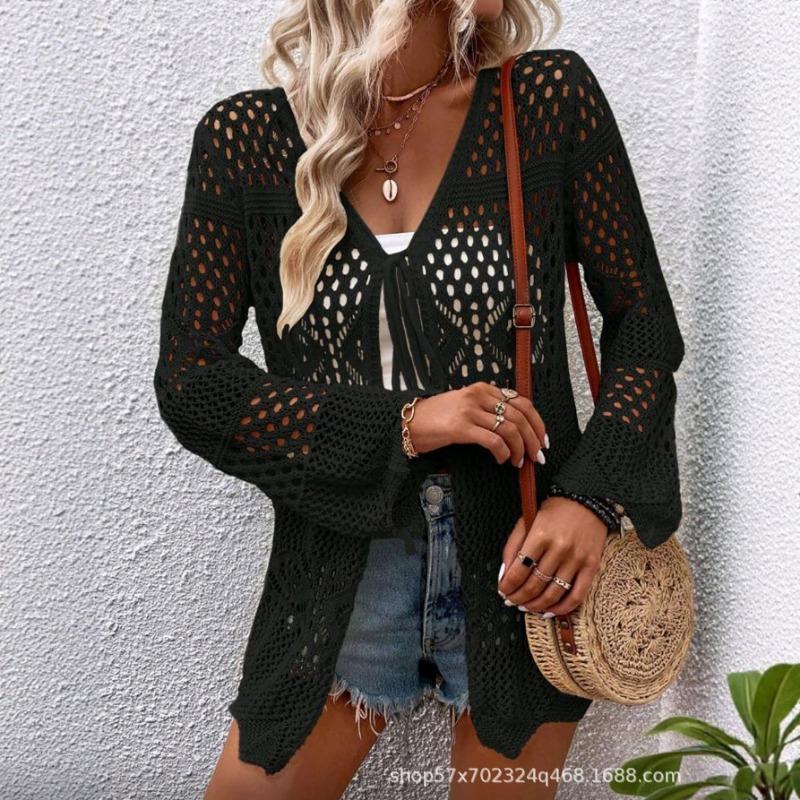 Women V Neck Long Sleeve Hollow Out Knit Cardigan Sun Protection Beach Cover Up Outerwear