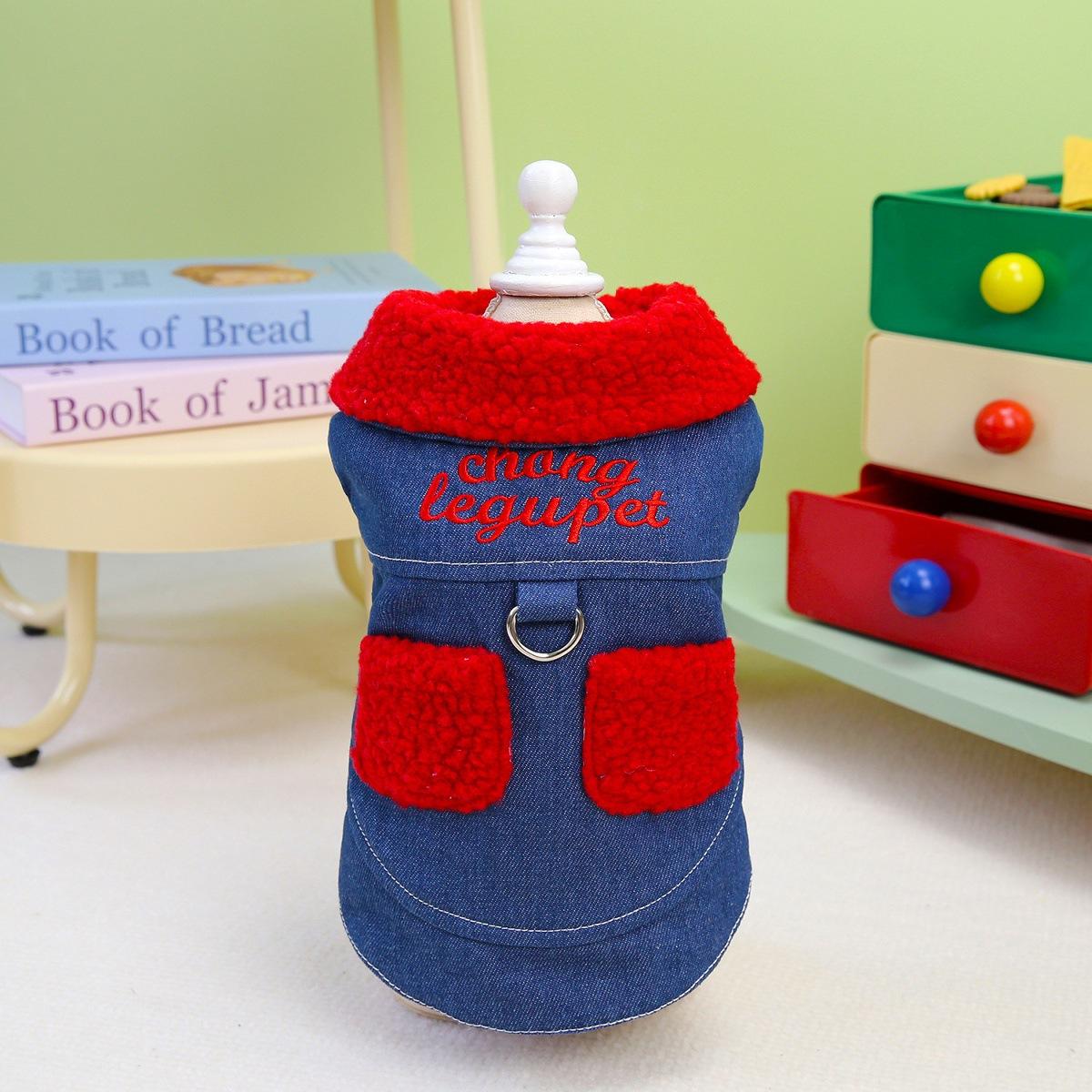 

Одежда для домашних собак осенне-зимняя утолщенная теплая джинсовая хлопковая одежда на подкладке жилет с кольцом для поводка XS красный