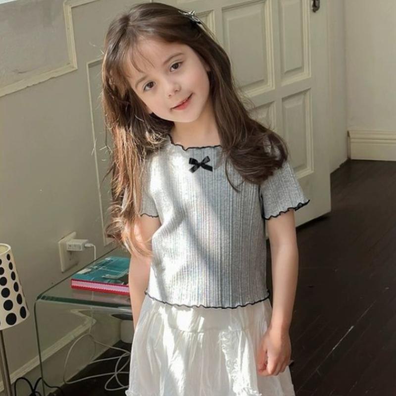 1-12Y Girl's Shirts Korean-style Knitted Lace-Trimmed Short-Sleeve Summer Ruched Tops Trendy Breathable Bow Tie Versatile Tee
