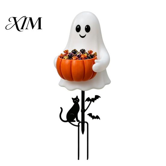 Weather Resistant Yard Art Halloween Ghost Candy Bowl Garden Stake, 2D Flat Pumpkin Holder with Cat Party Signs And Bats, Trick or Treat