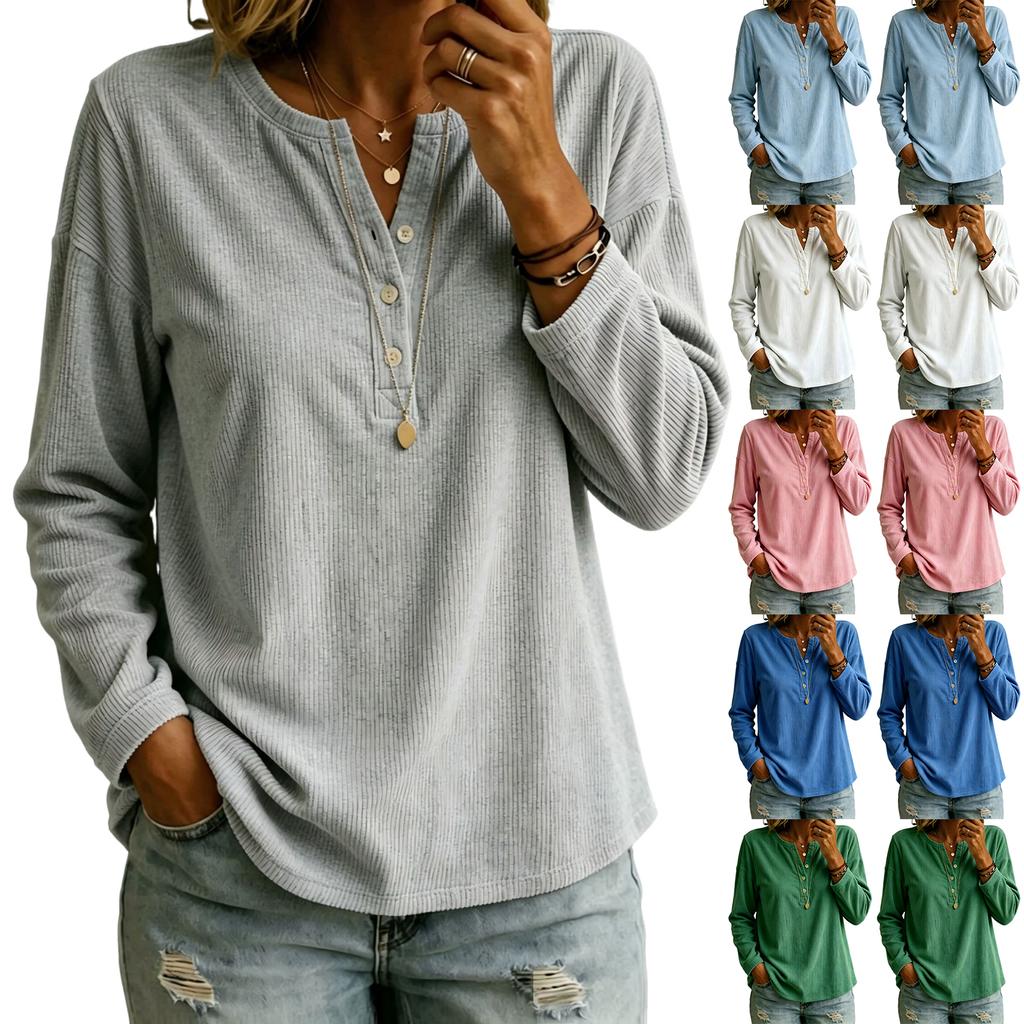 Women's Corduroy V-Neck Long Sleeve Top - Casual Loose Fit Blouse for Everyday Wear