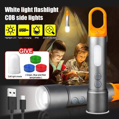Portable Multi-color LED Flashlight USB Rechargeable Green/Red/Blue/White Light Torch Emergency COB Work Light with Hook