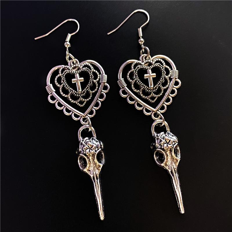 Heart Cross Raven Beak Earrings - Retro Gothic Style
